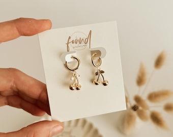 Gold Cherry Hoop Earrings 18k Gold Plated, minimal, hoops, boho, trendy, lightweight