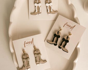 Clay Cowgirl Boot with Bow Dangle Earrings, Cowgirl Style