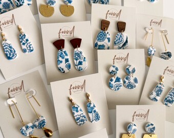 Blue and white China Earrings | Polymer Clay Earrings, Transfer Paper, 18k gold plated, lightweight, antique ceramic, chinoiserie