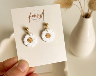 Handmade Daisy Dangle Earrings: White Polymer Clay, 18k Gold Plated
