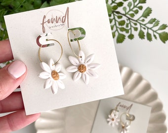 Daisy Hoop Earrings | Polymer Clay Earrings, 18k gold hoop, spring flower, garden, white flower