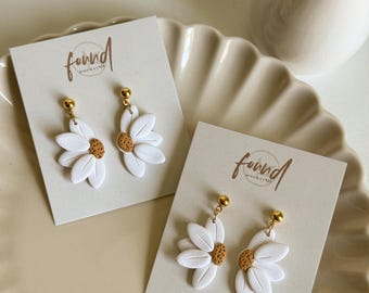 Handmade Daisy Dangle Earrings: White Polymer Clay, 18k Gold Plated