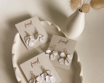 Handmade Petal Dangle Earrings: White Polymer Clay, 18k Gold Plated