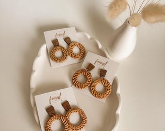 Rattan Circle Earrings, Wood Studs, Boho Trendy Jewelry