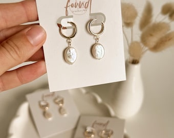 Gold Plated Oval Coin Pearl Huggie Earrings