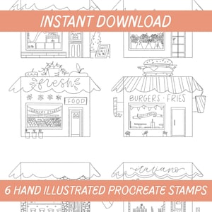 Procreate Stempel Pinsel kleine Geschäfte | Digitale Illustration Sofort Download | 6 lustige handgezeichnete Briefmarken | Anfängerfreundlich