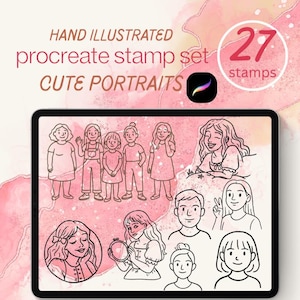 Pinceles de sellos para Procreate: Retratos adorables / Ilustraciones a mano, descarga instantánea / Estética cottagecore