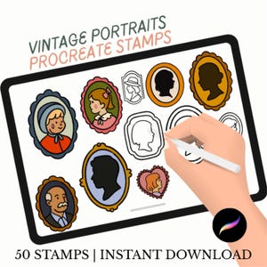 Può includere: Un tablet digitale mostra timbri di ritratti vintage. I timbri presentano cornici ovali e a forma di cuore con silhouette e illustrazioni. Il testo in alto recita "VINTAGE PORTRAITS PROCREATE STAMPS". Il testo in basso dice "50 STAMPS | INSTANT DOWNLOAD."