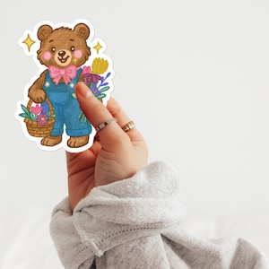 adesivo con simpatico orso primaverile / vinile lucido illustrato a mano anti-bolle / estetica da libro per bambini