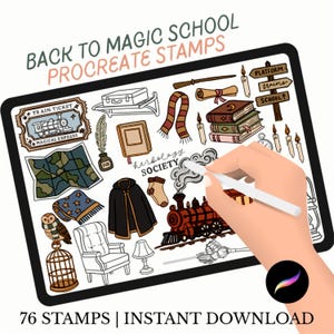May include: Digital illustration of a tablet displaying various magical school-themed stamps. Includes a train ticket, map, owl, books, scarf, and a train. The text reads "Back to Magic School Procreate Stamps" and "76 Stamps | Instant Download."