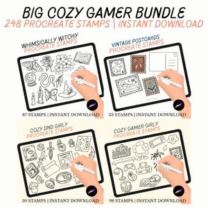 HUGE procreate stamp bundle 4-pack | cozy gamer vintage cottagecore | hand illustrated aesthetic vibes