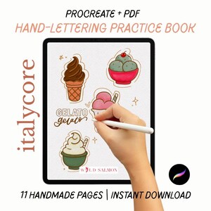 May include: Digital hand-lettering practice book with ice cream illustrations. The tablet displays colorful gelato designs, with text that reads "PROCREATE + PDF HAND-LETTERING PRACTICE BOOK" and "11 HANDMADE PAGES | INSTANT DOWNLOAD".