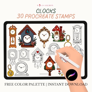 Vintage Clocks Procreate Stamps: Klassiskt nyckfullt farfars gökpenselset (digital nedladdning)