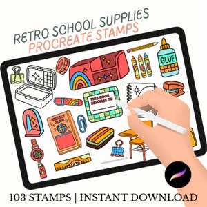 Peut inclure: Illustration numérique de tampons de fournitures scolaires rétro pour Procreate. L'image comprend un crayon, des crayons de couleur, de la colle, une boîte à lunch, un cahier, une agrafeuse et d'autres éléments sur le thème de l'école. Le texte sur l'image indique "Retro School Supplies Procreate Stamps" et "103 Stamps | Instant Download."