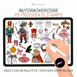 Może przedstawiać: Cyfrowa ilustracja na tablecie z pieczątkami Procreate "Nutcracker Core". Obraz zawiera różne rysunki tematyczne, takie jak żołnierz dziadka do orzechów, baletnica i król myszy. Tekst brzmi "49 pieczątek Procreate" i "Bezpłatna paleta kolorów | Natychmiastowe pobieranie."