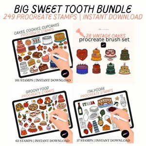 Peut inclure: Ensemble d'art numérique intitulé "BIG SWEET TOOTH BUNDLE" avec 249 tampons Procreate. Comprend des gâteaux, des biscuits, des cupcakes, des motifs groovy food et Italycore. Chaque ensemble est affiché sur une tablette avec un stylet. Le lot comprend 101, 63 et 57 tampons.