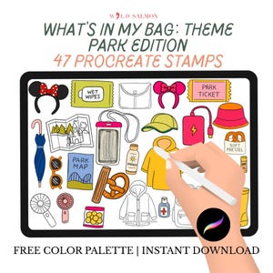Puede incluir: Ilustración digital de una tableta que muestra sellos de Procreate con temática de parque temático. Incluye iconos de un mapa del parque, gafas de sol, un pretzel, un chubasquero y una entrada al parque. El texto dice "WHAT'S IN MY BAG: THEME PARK EDITION 47 PROCREATE STAMPS".