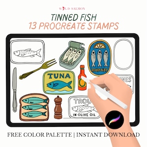 Konserverad fisk Procreate Stamps: Konserverad tonfisk, ansjovis, sardiner Matpenselset (Direkt nedladdning)