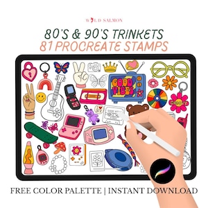 May include: Digital art illustration of 80's and 90's trinkets, including a cassette tape, a television, a skateboard, and a peace sign. The text reads "80's & 90's Trinkets 81 Procreate Stamps" and "Free Color Palette | Instant Download".