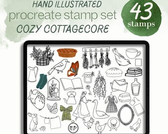 Cottagecore Procreate Brush Stamp Set | Hand Illustrated Instant Download | 43 Stencils