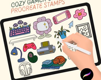 Cozy Gamer Girl Procreate Stamps: Cottagecore Cartoon Illustrations (Digital Download)