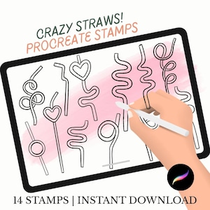 Könnte beinhalten: Digitale Illustration eines Tablets mit verschiedenen schwarzen Strichzeichnungen von Strohhalmen. Der Text "CRAZY STRAWS! PROCREATE STAMPS" steht oben, mit "14 STAMPS | INSTANT DOWNLOAD" unten. Eine Hand mit einem Stift zeichnet auf dem Tablet.