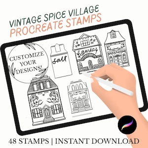 Può includere: Illustrazione digitale su tablet con timbri Procreate di villaggio di spezie vintage. I timbri includono disegni a tratteggio dettagliati di case e contenitori di spezie. Il testo include "Customize Your Designs!" e "48 Stamps | Instant Download."