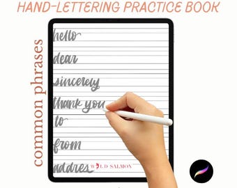 May include: A digital hand-lettering practice book displayed on a tablet. The screen shows common phrases like "hello" and "thank you" in cursive. The text "PROCREATE + PDF" and "HAND-LETTERING PRACTICE BOOK" are at the top. The text "5 HANDMADE PAGES | INSTANT DOWNLOAD" is at the bottom.