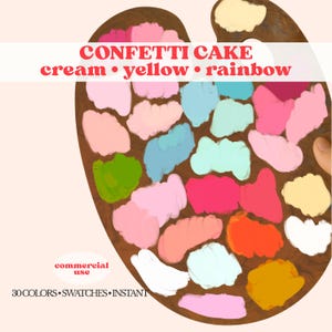 May include: A wooden artist's palette with 30 colourful paint swatches in shades of pink, blue, yellow, and orange. Text reads "CONFETTI CAKE cream • yellow • rainbow" and "30 COLORS • SWATCHES • INSTANT".