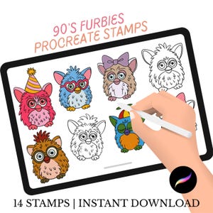 May include: A digital tablet displays colorful and black-and-white illustrations of Furby characters. The text "90's Furbies Procreate Stamps" and "14 Stamps | Instant Download" are visible. A hand holds a stylus near the screen.