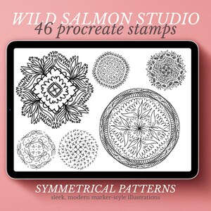 May include: A digital tablet displays black and white symmetrical pattern designs. The tablet screen shows various circular and floral illustrations, with the text "WILD SALMON STUDIO" and "46 procreate stamps" at the top. The bottom text reads "SYMMETRICAL PATTERNS".