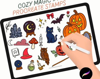 May include: A digital illustration on a tablet featuring various Halloween-themed stamps. The stamps include pumpkins, a black cat, a witch's hat, a crystal ball, and a bat. Text on the screen reads "COZY MAGIC #1 PROCREATE STAMPS" and "118 STAMPS | INSTANT DOWNLOAD".