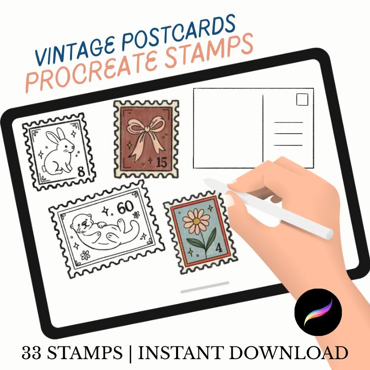 Vintage Postcard Procreate Stamps: Cottagecore Illustration (Digital Download)
