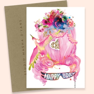 Masha D'yans による BIRTHDAY WIG 水彩グリーティング カード