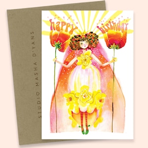 Cartão de felicitações em aquarela FADA FLOR DE ANIVERSÁRIO por Masha D'yans