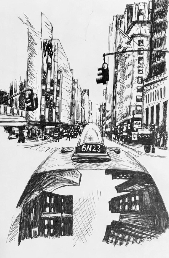 Ink Drawing City Street New York Cab Sketch Illustration Etsy