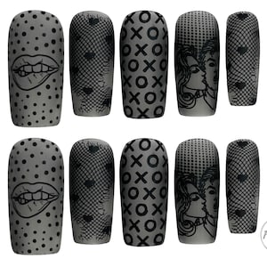 Drücken Sie auf die Nägel, Designerpresse auf die Nägel, Nägel aufdrücken, Gelx-Nägel, Vday-Nägel, grafische Nägel, einfarbige Nägel, schwarze Nägel, Valentin