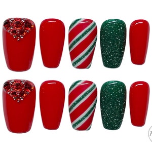 Press on nails, designer press on nails, false nails, christmas nails, holiday nails, glitter nails, winter nails, candy cane nails