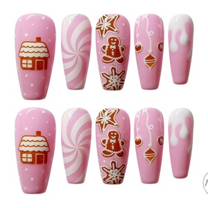 Press on nails, designer press on nails, false nails, christmas nails, holiday nails, gingerbread nails, pink nails, whimsical nails
