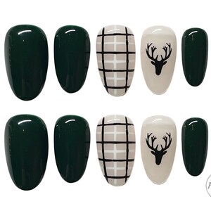 Press on nails, designer press on nails, false nails, fall nails, winter nails, deer nails, Christmas nails, green nails, reusable nails