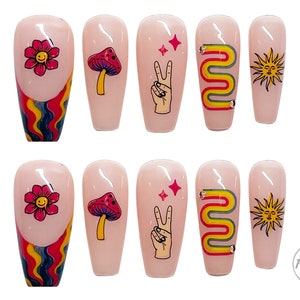 Press on Nägel, Designer Press on Nägel, Nägel zum Aufpressen, falsche Nägel, Frühlingsnägel, Sommernägel, Hippie Nägel, Festival Nägel, trippy nägel