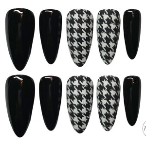 Press on nails, designer press on nails, houndstooth nails, fall nails, halloween nails, spooky season, autumn nails, black nails