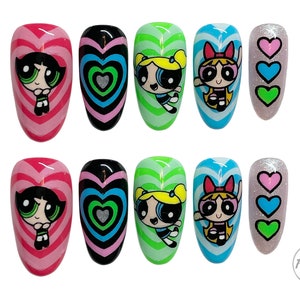 Press on nails, designer press on nails, nails press on, false nails, cartoon nails, powerpuff girl nails, character nails, 90s nails