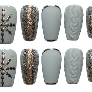 Press on nails, designer press on nails, gel x, winter nails, sweater nails, chrome nails, silver nails, Christmas nails, holiday nails, 3d