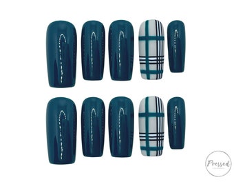 Press on nails, designer press on nails, fall nails, autumn nails, blue nails, plaid nails