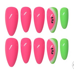 Press on nails, designer press on nails, spring nails, summer nails, festival nails, watermelon nails, neon nails, vacation nails