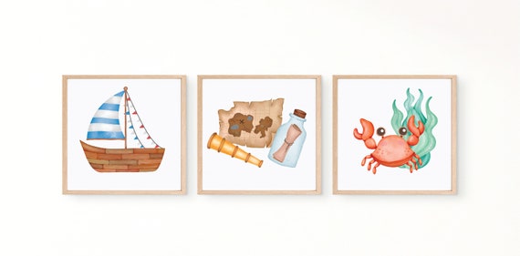 INSTANT DOWNLOAD Cute Sailboat and Treasure Theme Wall Art Print Set