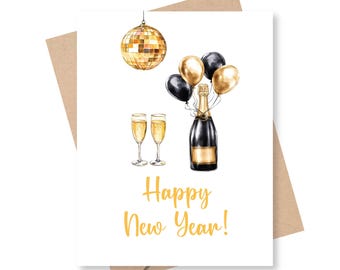 Happy New Year Greeting Card, Champagne, Holiday Cards, Seasons Greetings