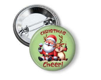 Christmas Cheer Booze Funny  Santa Pinback Button- Christmas/Holiday