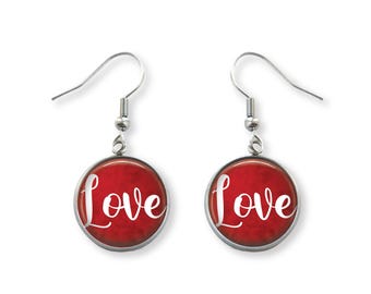 Red Love Pendant Earrings, Glass Dome Cabochon, Stainless Steel Hooks